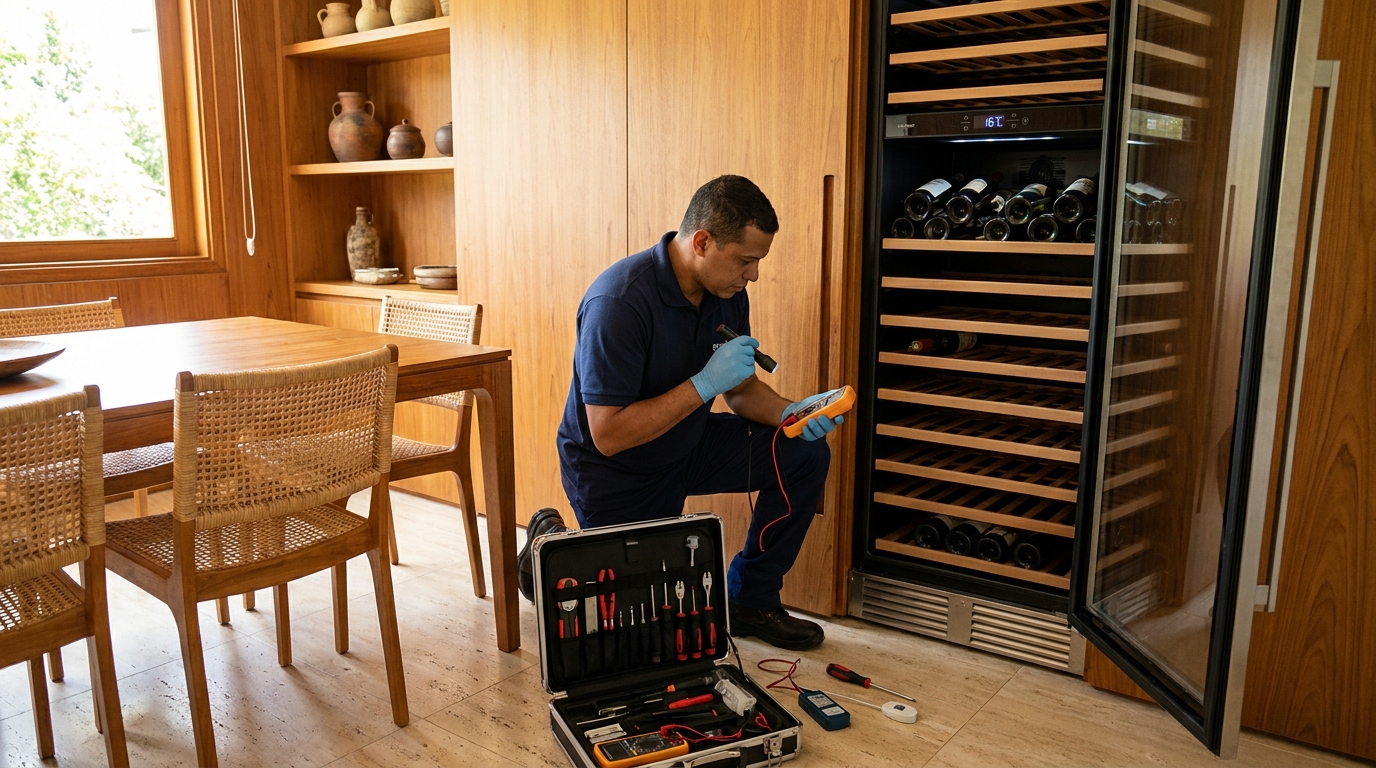 Técnico trocando o termostato de adega climatizada na Colônia, Jundiaí‑SP