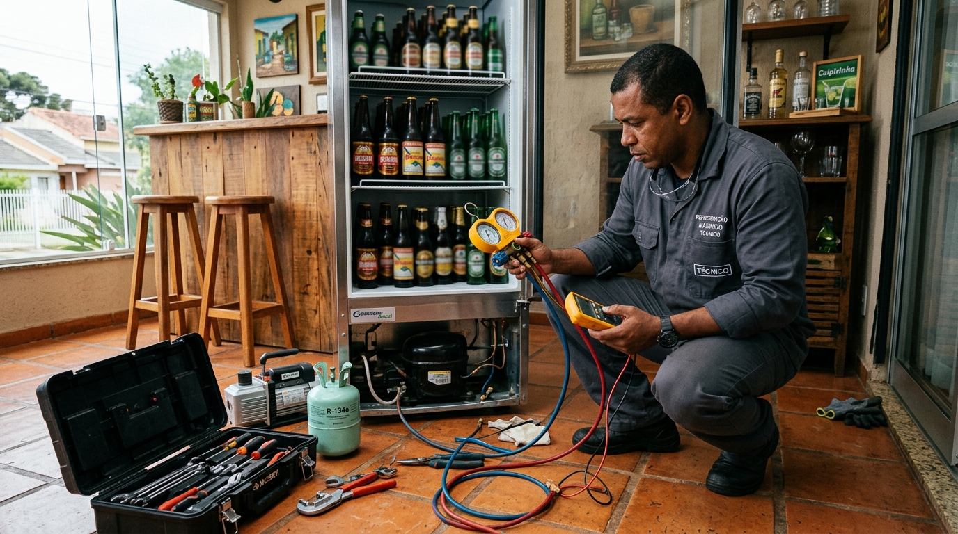 Técnico fazendo manutenção do compressor de cervejeira no Bosque Imperial, São José dos Campos‑SP