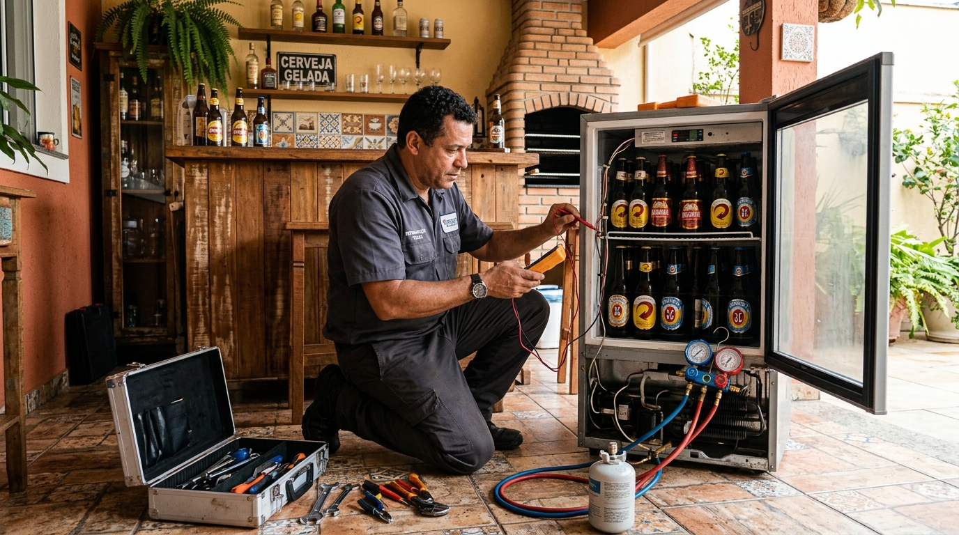 Técnico fazendo recarga de gás em cervejeira no Bosque Imperial, São José dos Campos‑SP