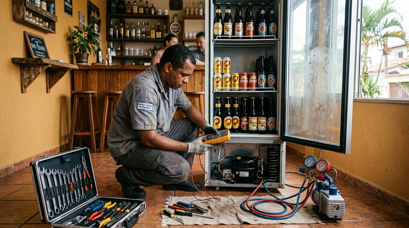 Técnico trocando o termostato de cervejeira no Bosque Imperial, São José dos Campos‑SP