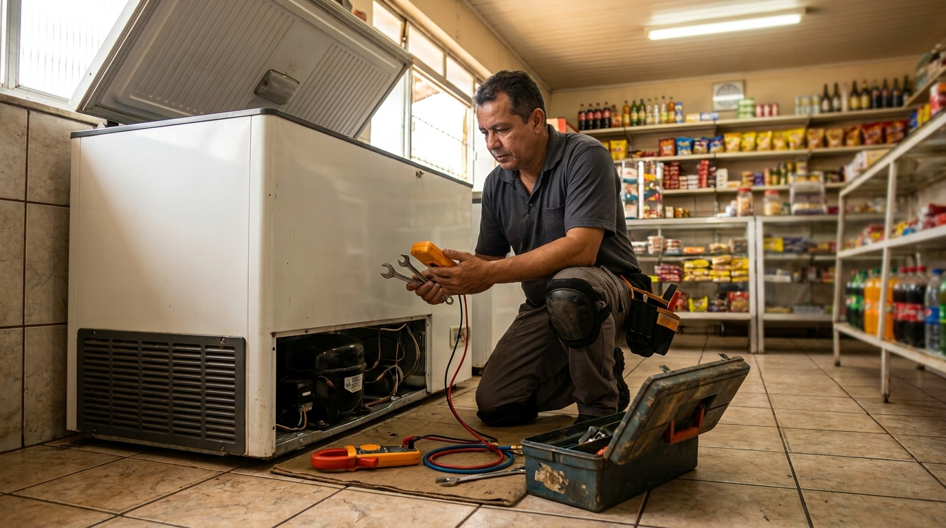 Técnico fazendo manutenção do compressor de freezer no Jardim Jóckei Club A, São Carlos‑SP