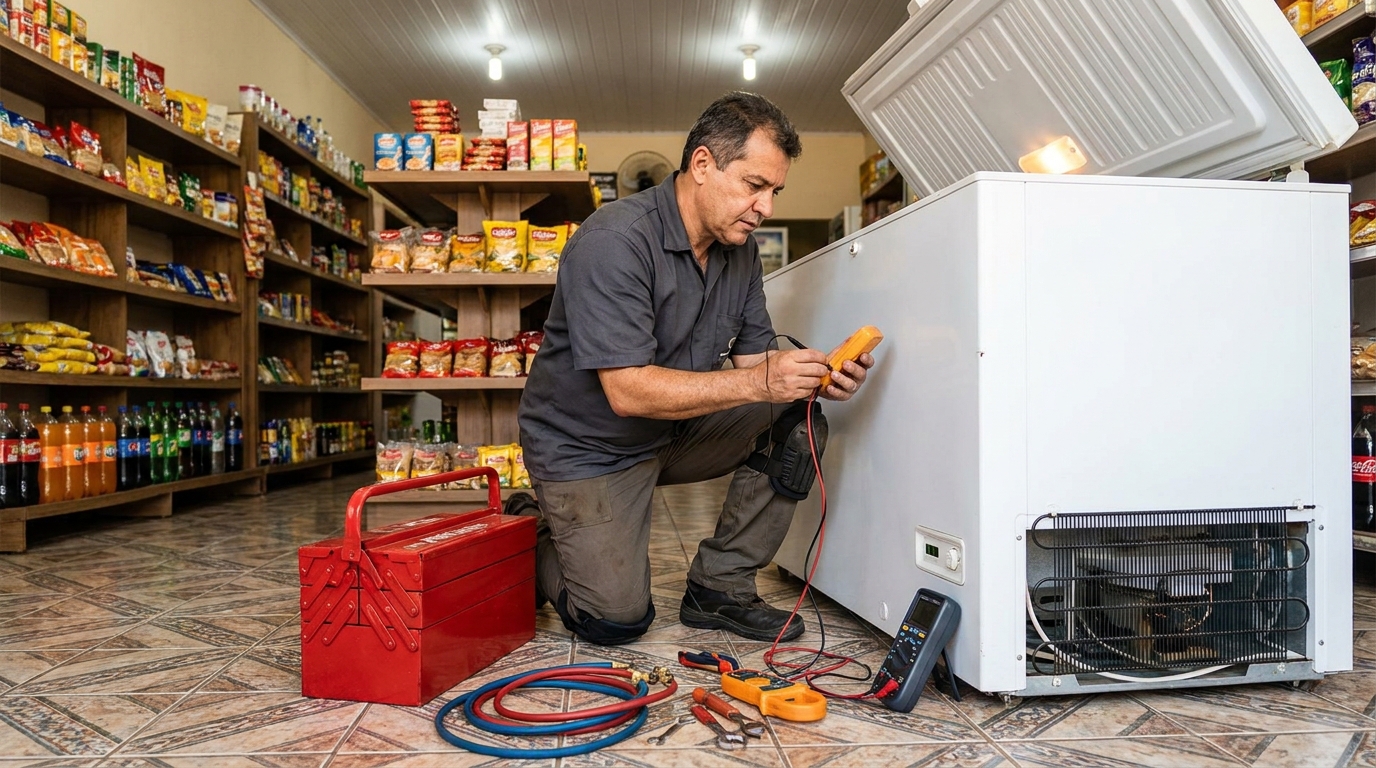 Técnico fazendo recarga de gás em freezer no Jardim Jóckei Club A, São Carlos‑SP
