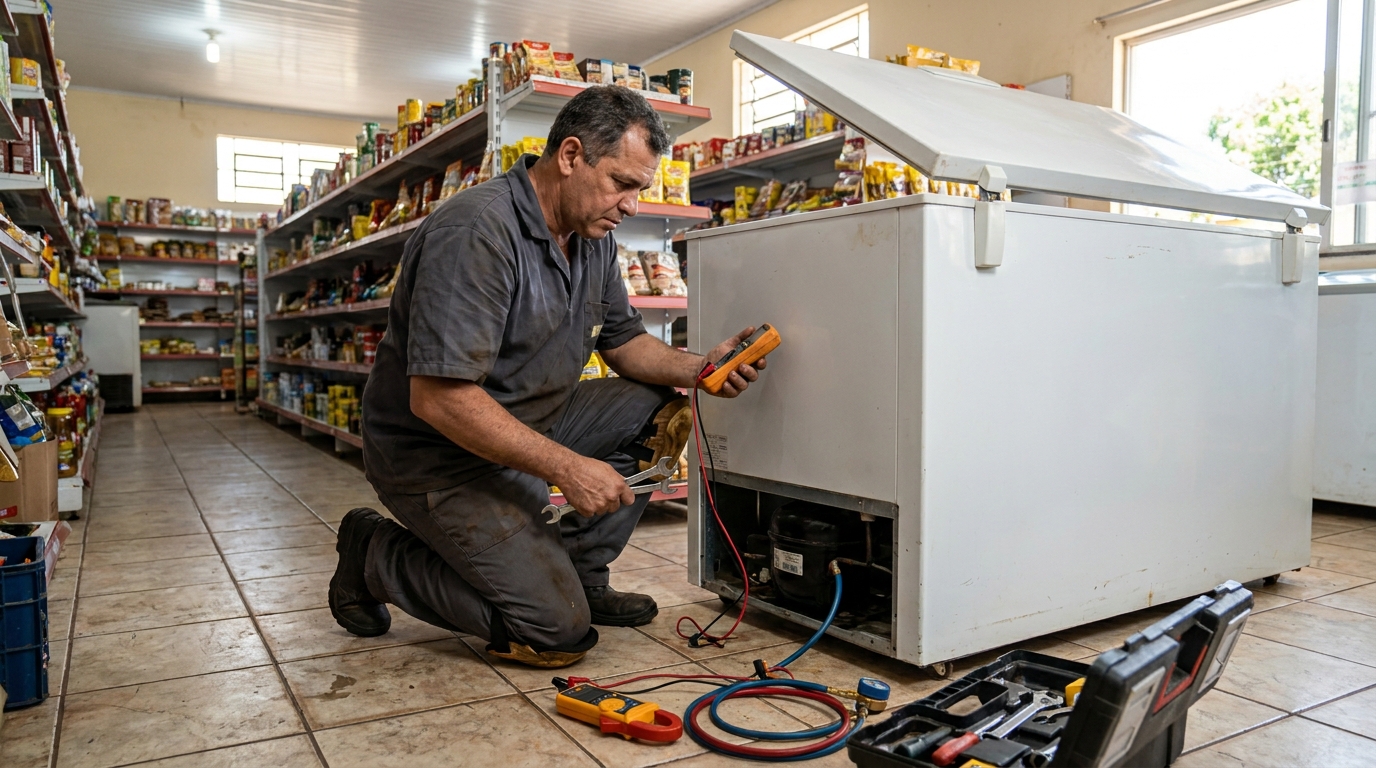 Técnico trocando o termostato de freezer no Jardim Jóckei Club A, São Carlos‑SP