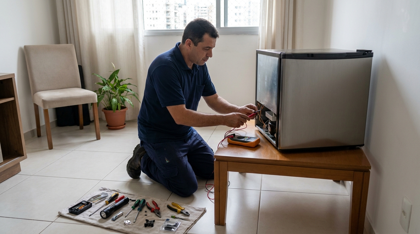 Técnico fazendo manutenção do compressor de frigobar no Setor de Habitações Individuais Sul, Brasília‑DF