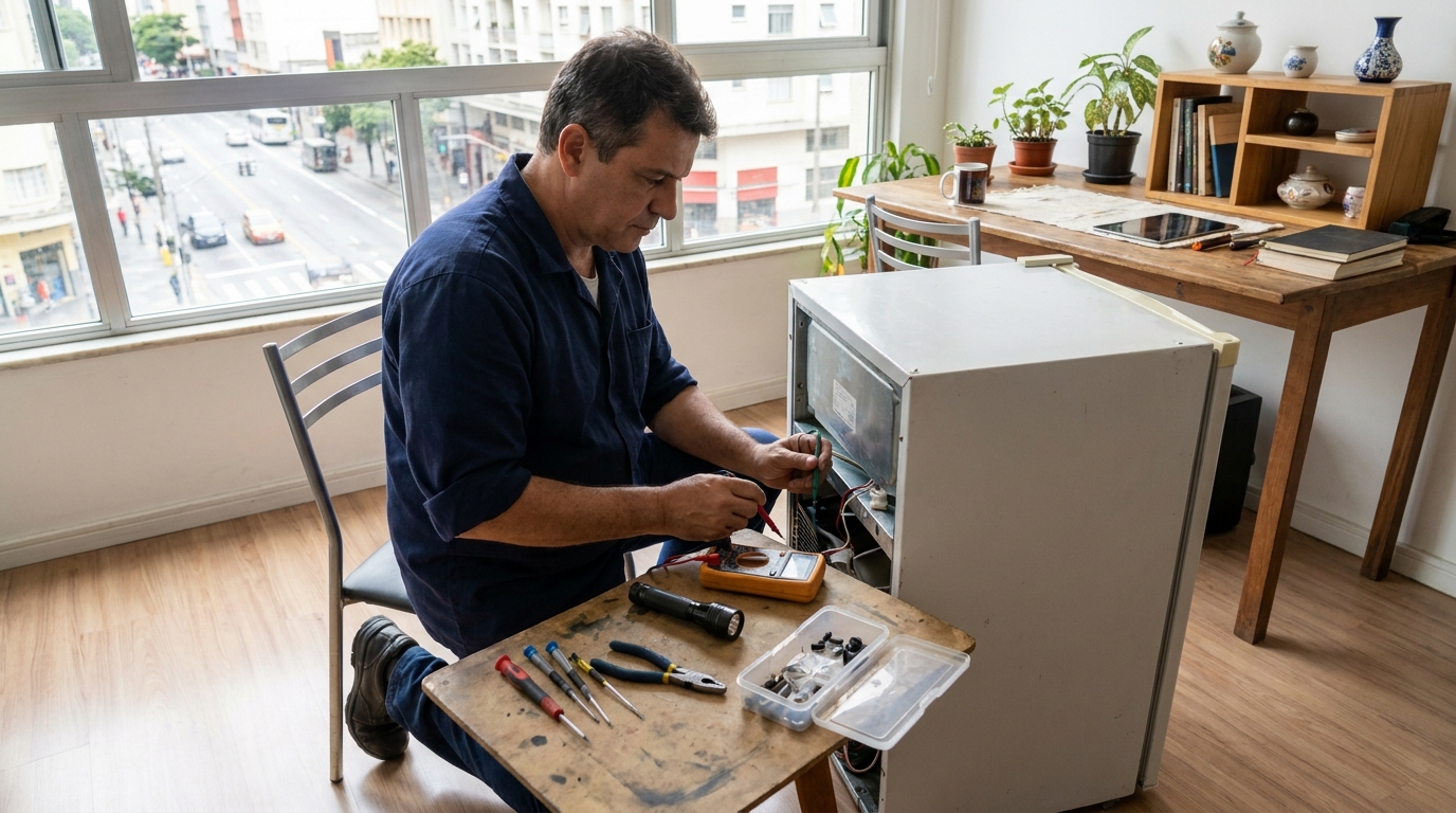 Técnico fazendo recarga de gás em frigobar no Setor de Habitações Individuais Sul, Brasília‑DF