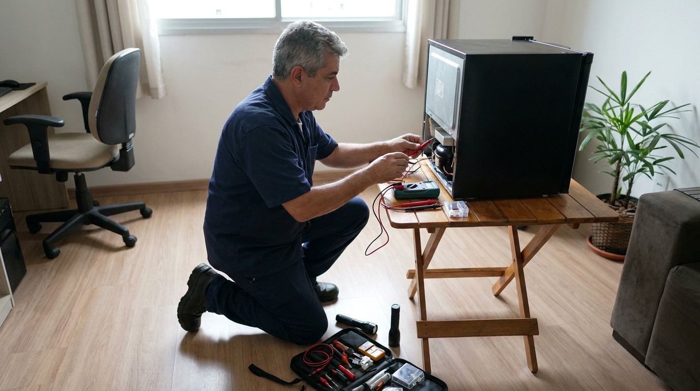 Técnico trocando o termostato de frigobar no Setor de Habitações Individuais Sul, Brasília‑DF