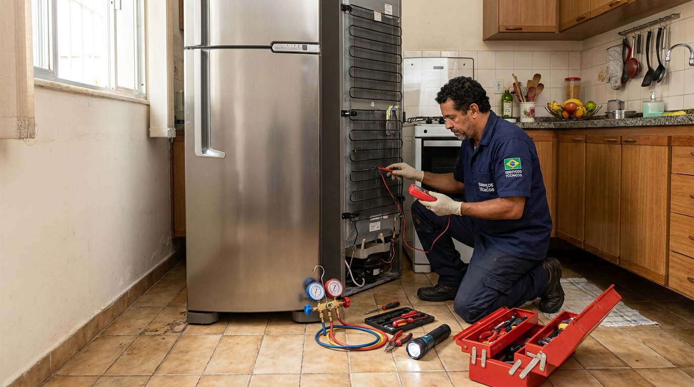 Técnico fazendo manutenção do compressor de geladeira no Jardim Planalto, Mogi das Cruzes‑SP